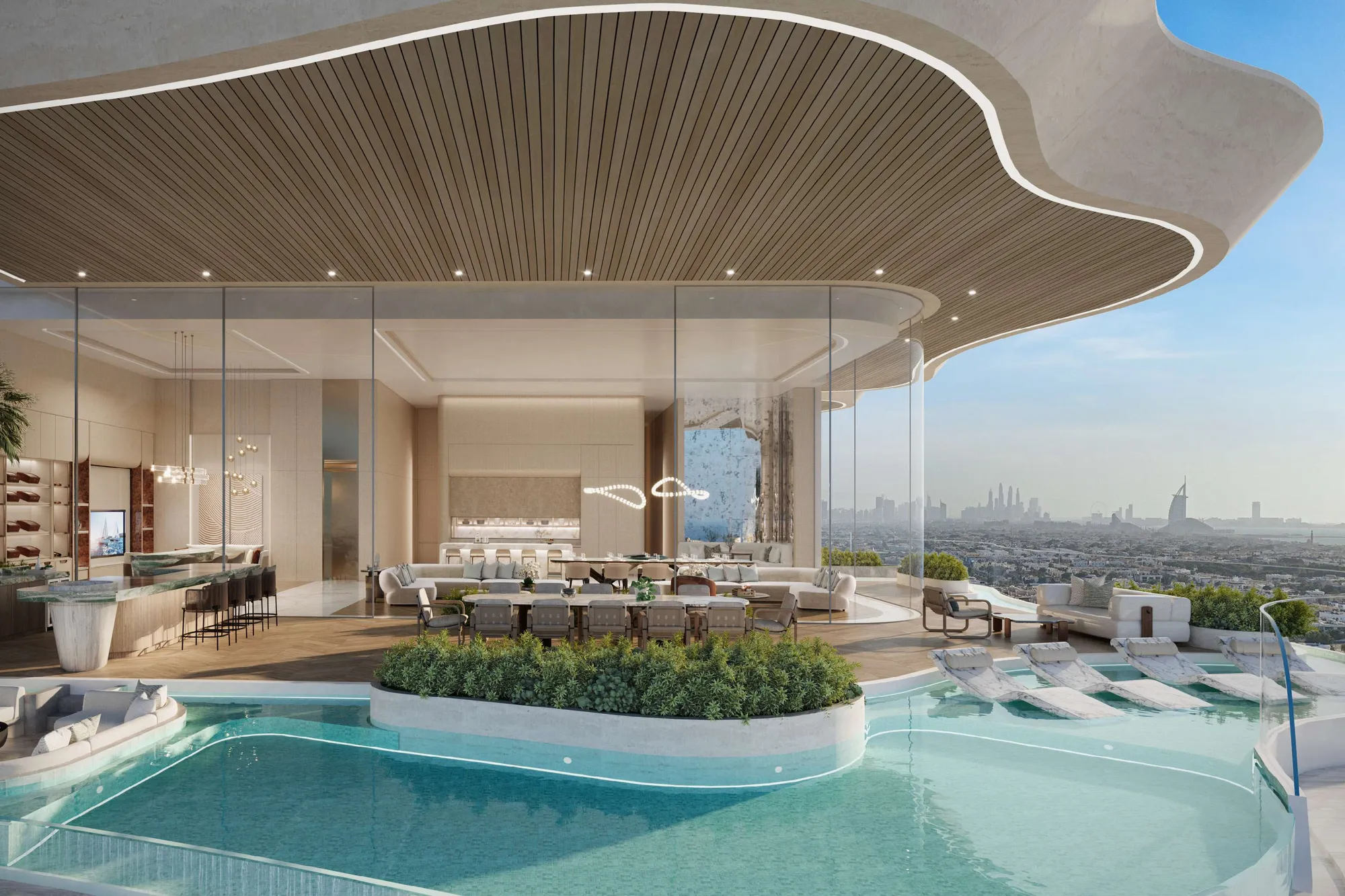 Open terrace with pool, outdoor kitchen and dining under a timber canopy