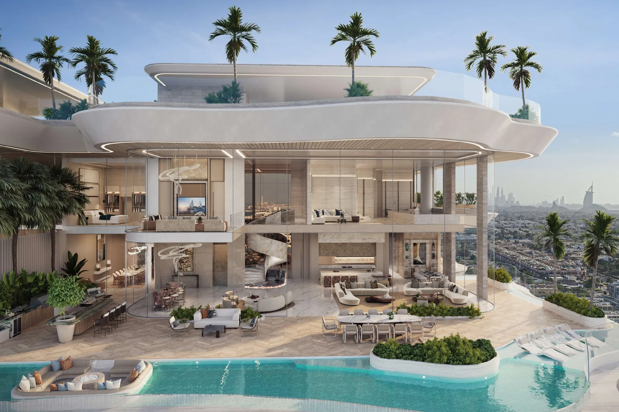 Double-height glass residence opening onto a palm-lined terrace pool