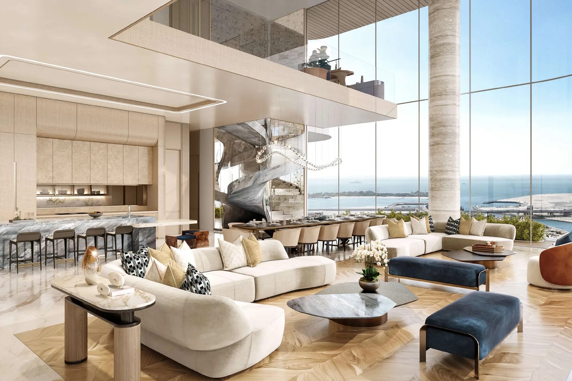 Bright living room with marble kitchen, spiral stair and sea views