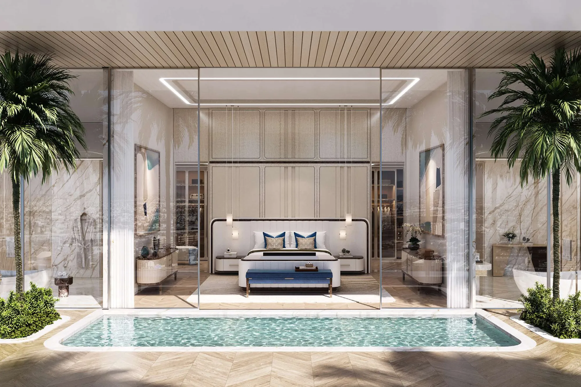 Bedroom suite with marble bathrooms opening onto a private plunge pool