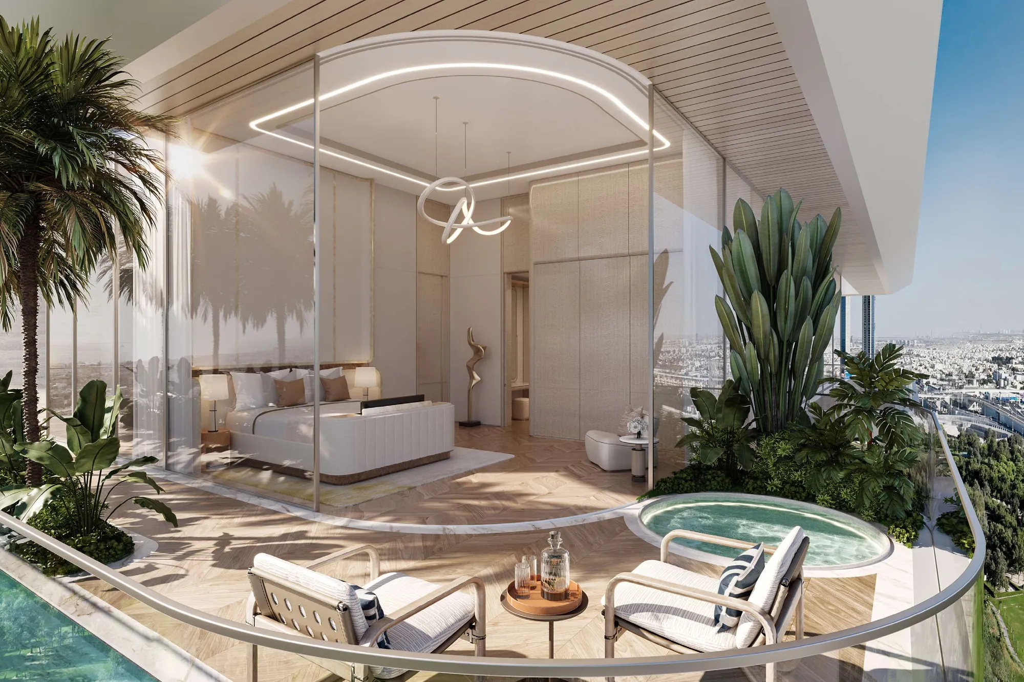 Glass-walled guest bedroom with a terrace jacuzzi and city views