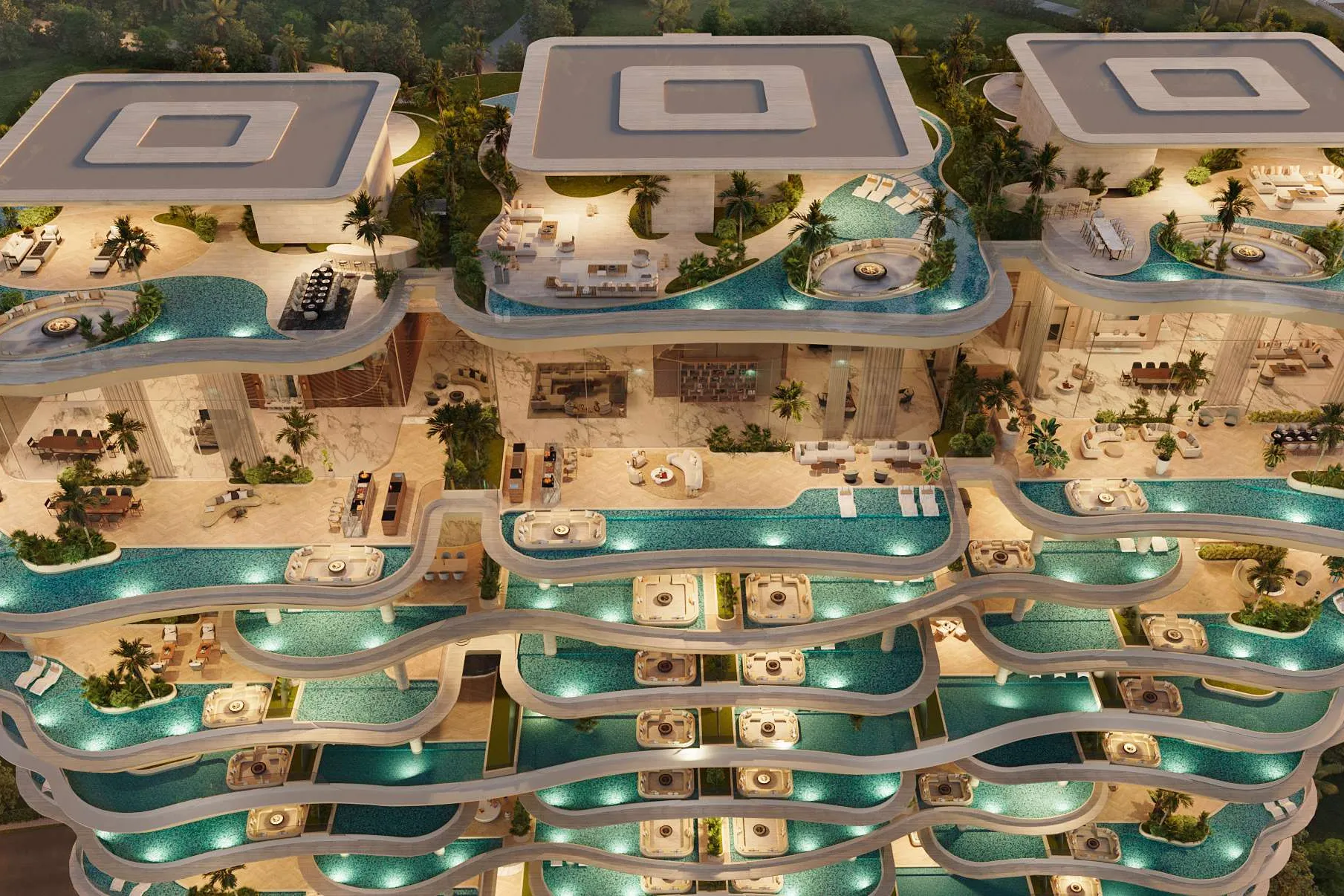 Upper floors from above, each terrace wrapped by its own lit pool