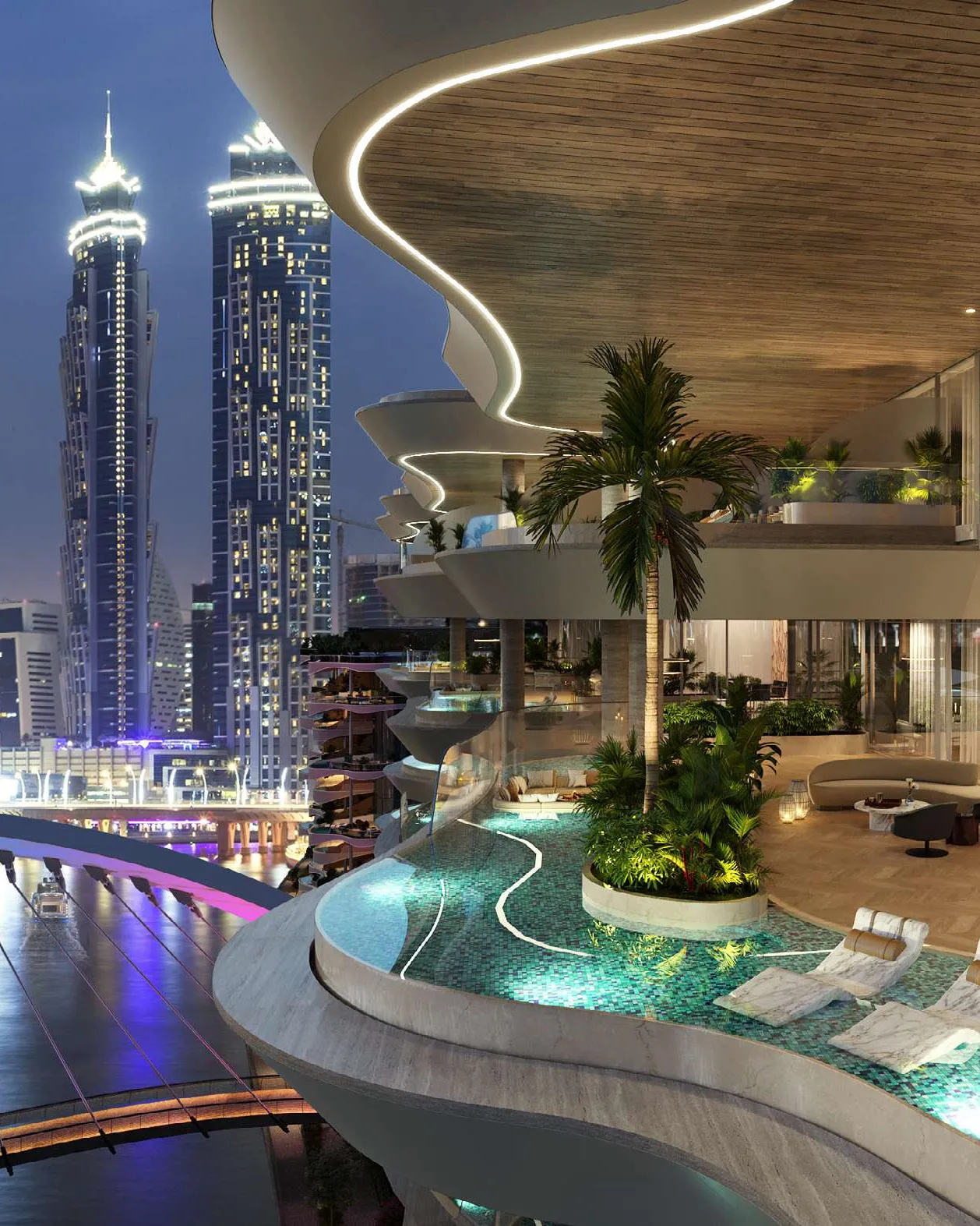 Evening terrace pool overlooking the lit canal bridge and Downtown towers