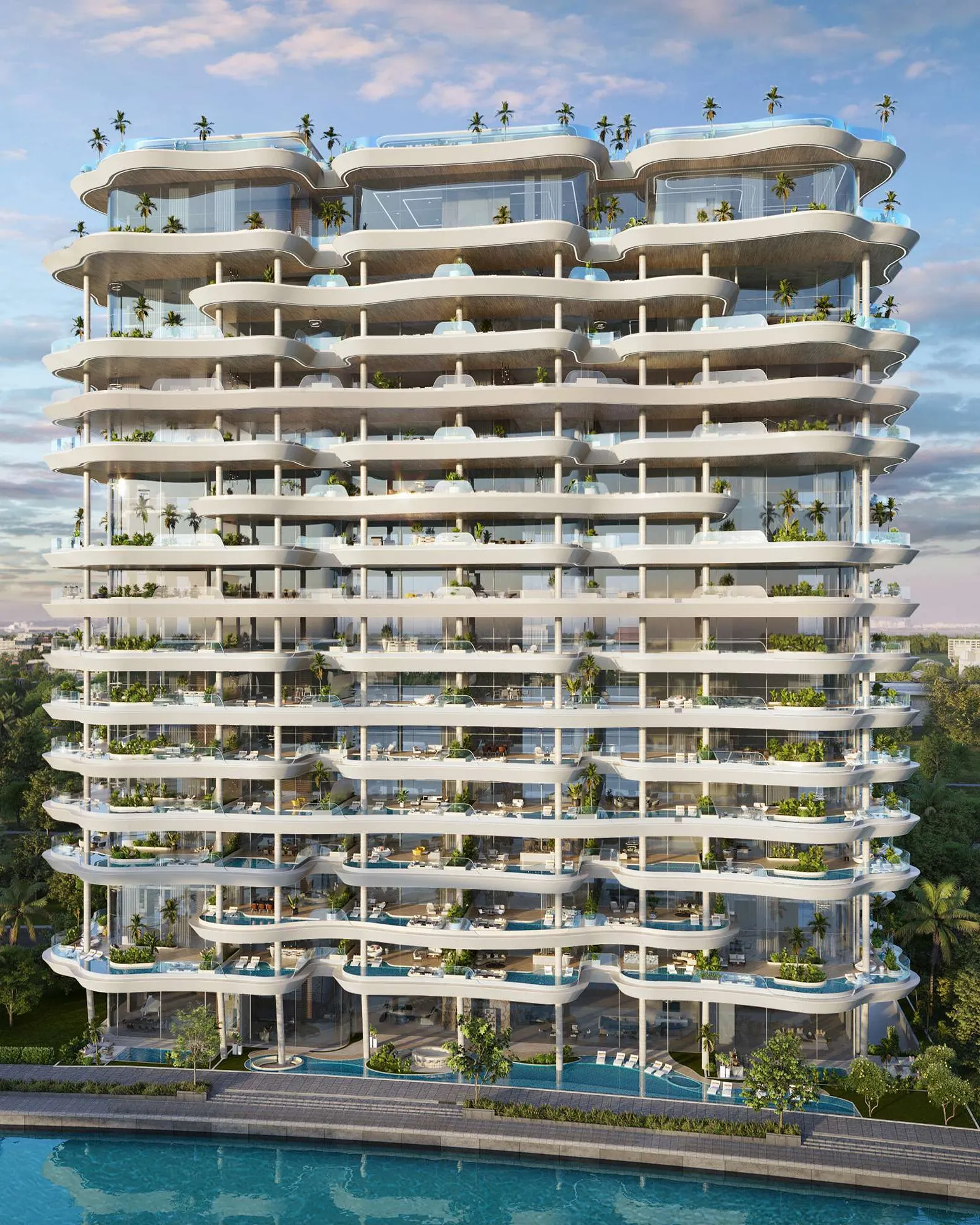 Curving white terraces of Casa Canal rising above the water